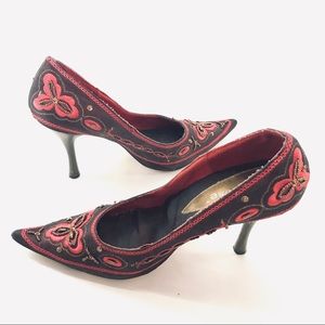 Dollhouse Beaded Luna 4” Pumps Sz 9 Bronze & Red